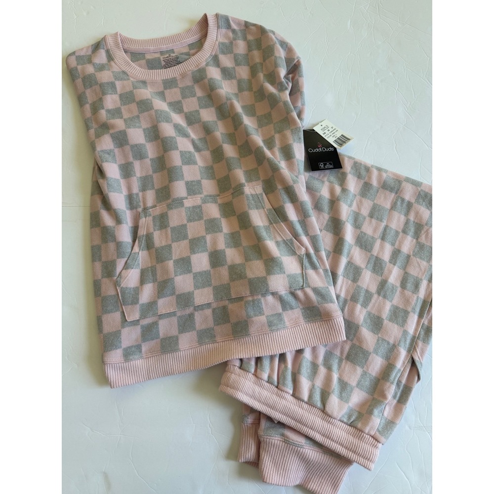 Cuddl Duds Pink Grey Checkered Pajama Set Top L Pants XL NWT
